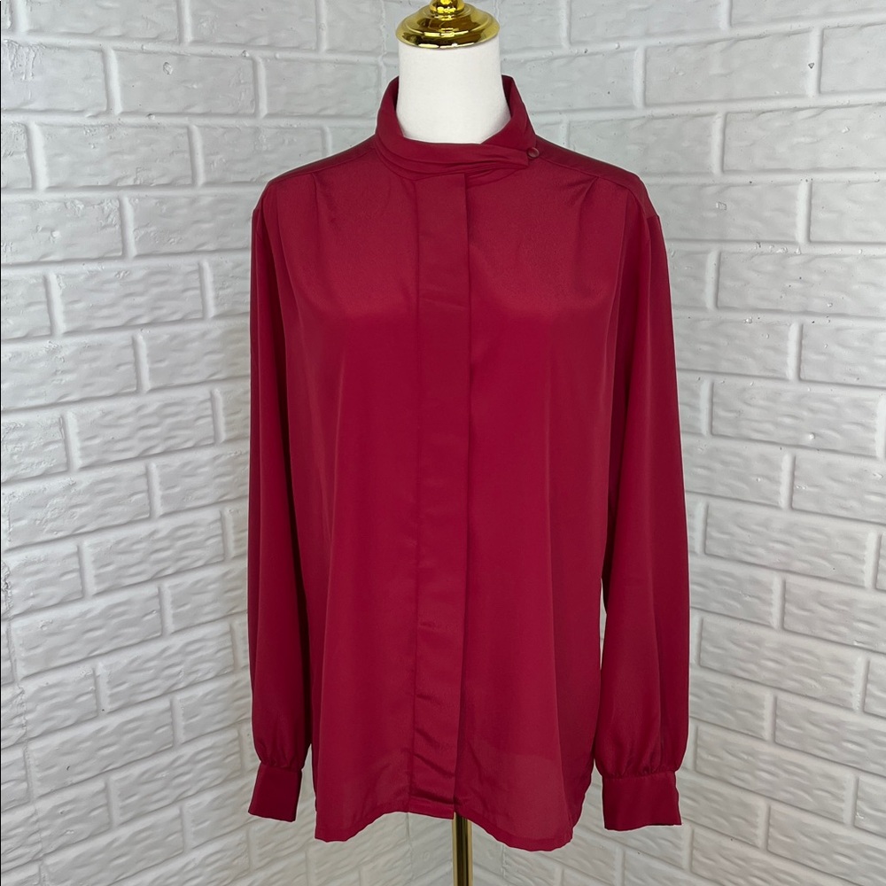 VINTAGE PENDLETON CLASSIC BURGUNDY HIDDEN BUTTON BLOUSE PLEATED COLLAR SZ 12